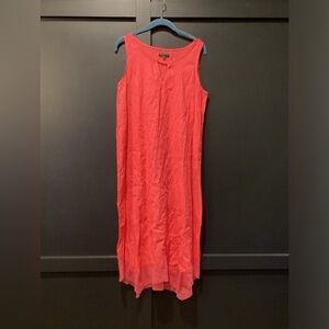 For Cynthia Linen Blend Asymmetrical Mesh Hem Sleeveless Dress in Coral - Medium